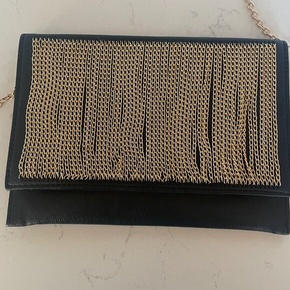 Natasha Couture Gold Chain Link, Black Leather Clutch / Crossbody, Snap Flap - Picture 2 of 8